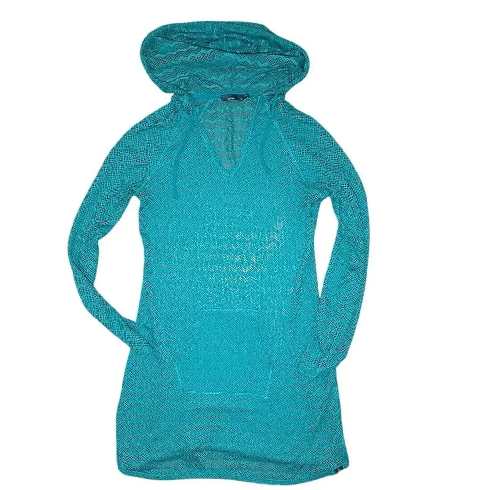 PrAna Crochet Lace Hooded Swimsuit Cover Up Beach Tunic Turquoise Women’s Small
